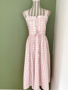 Coquette Pink Plaid Midi Dress 🎀 Cottagecore Lace Up Floral Soft Girl Dress
